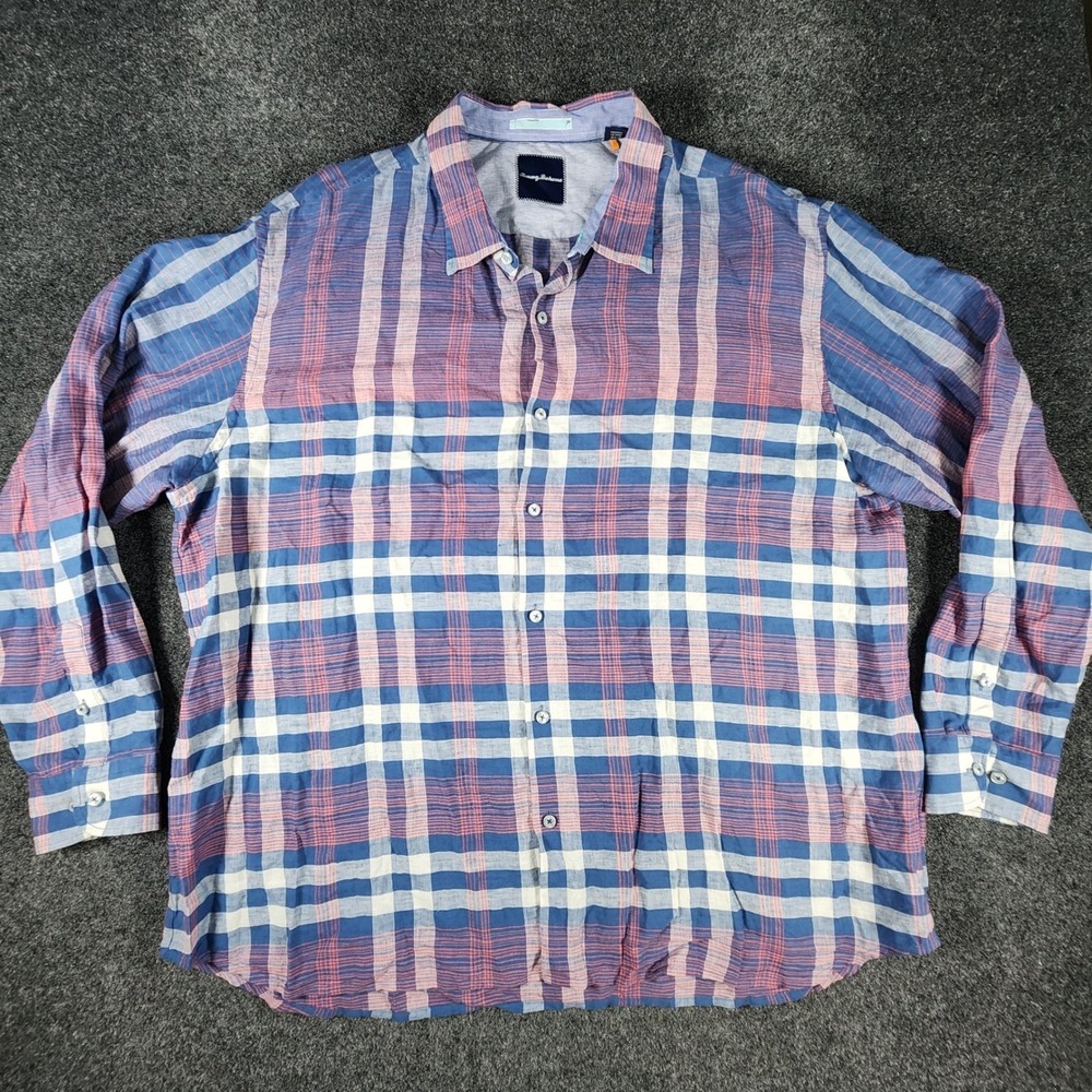 Tommy Bahama Mens 3XL Plaid Linen Cotton Long Sleeve Shirt Blue Pink T313719